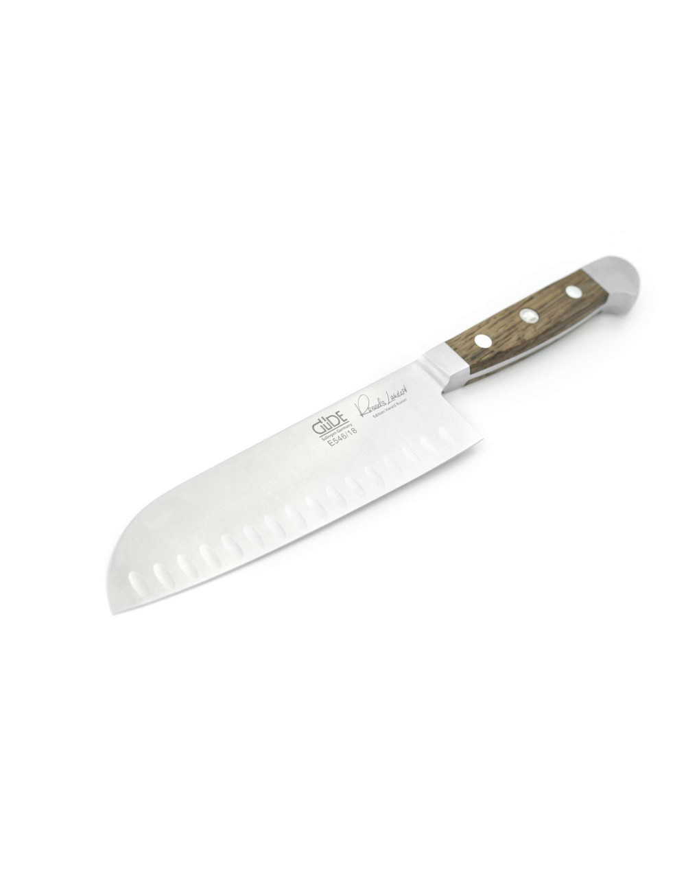 Nóż kuty Santoku z wyżłobieniami 18 cm Güde seria Alpha Dębowa